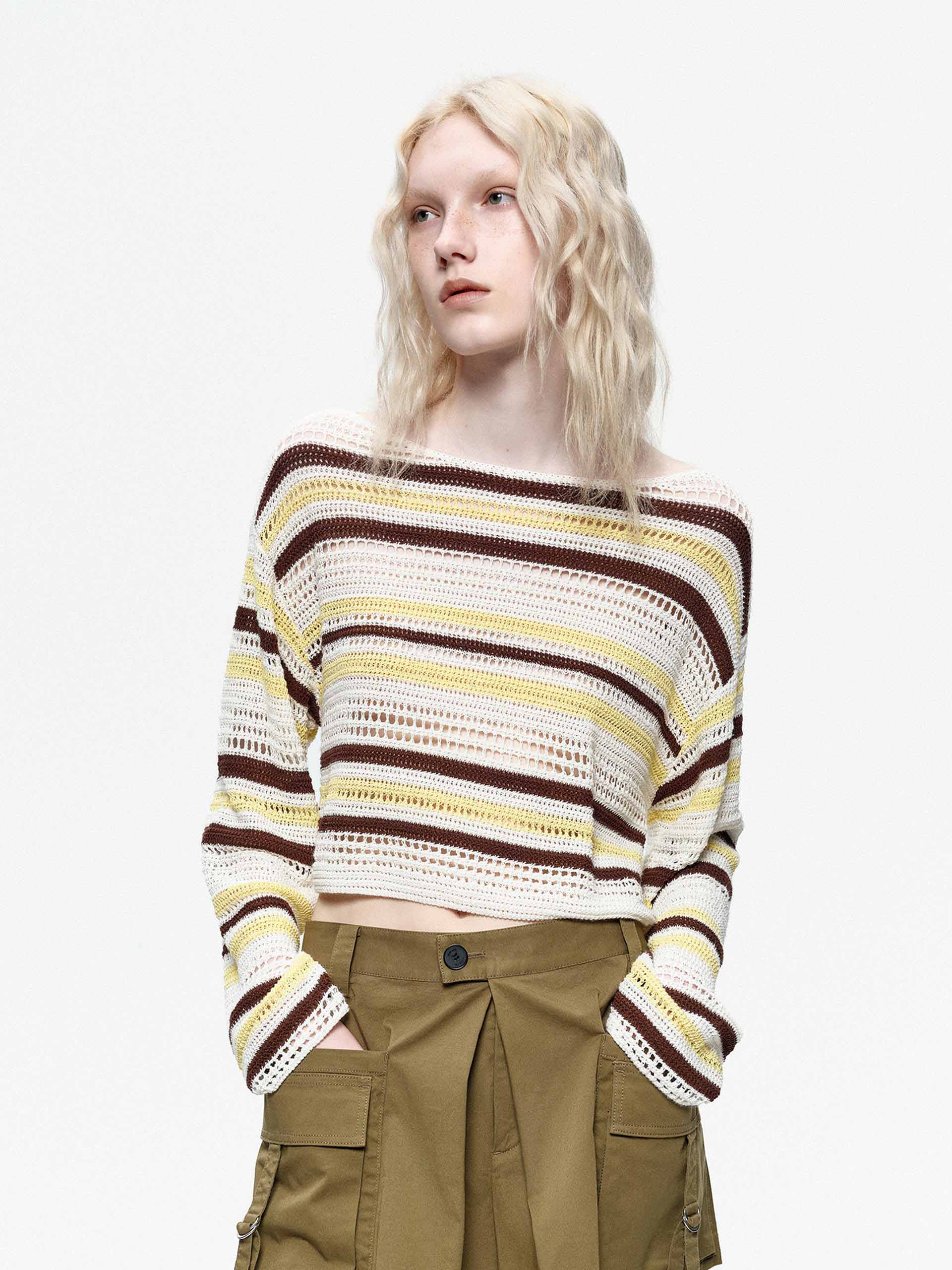 Sheer Striped Crochet Knit Top