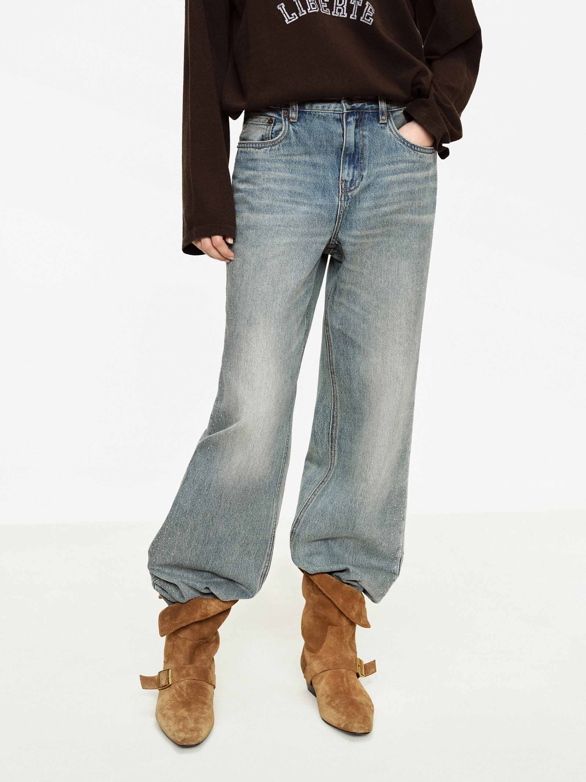 Side Rhinestones Straight Jeans
