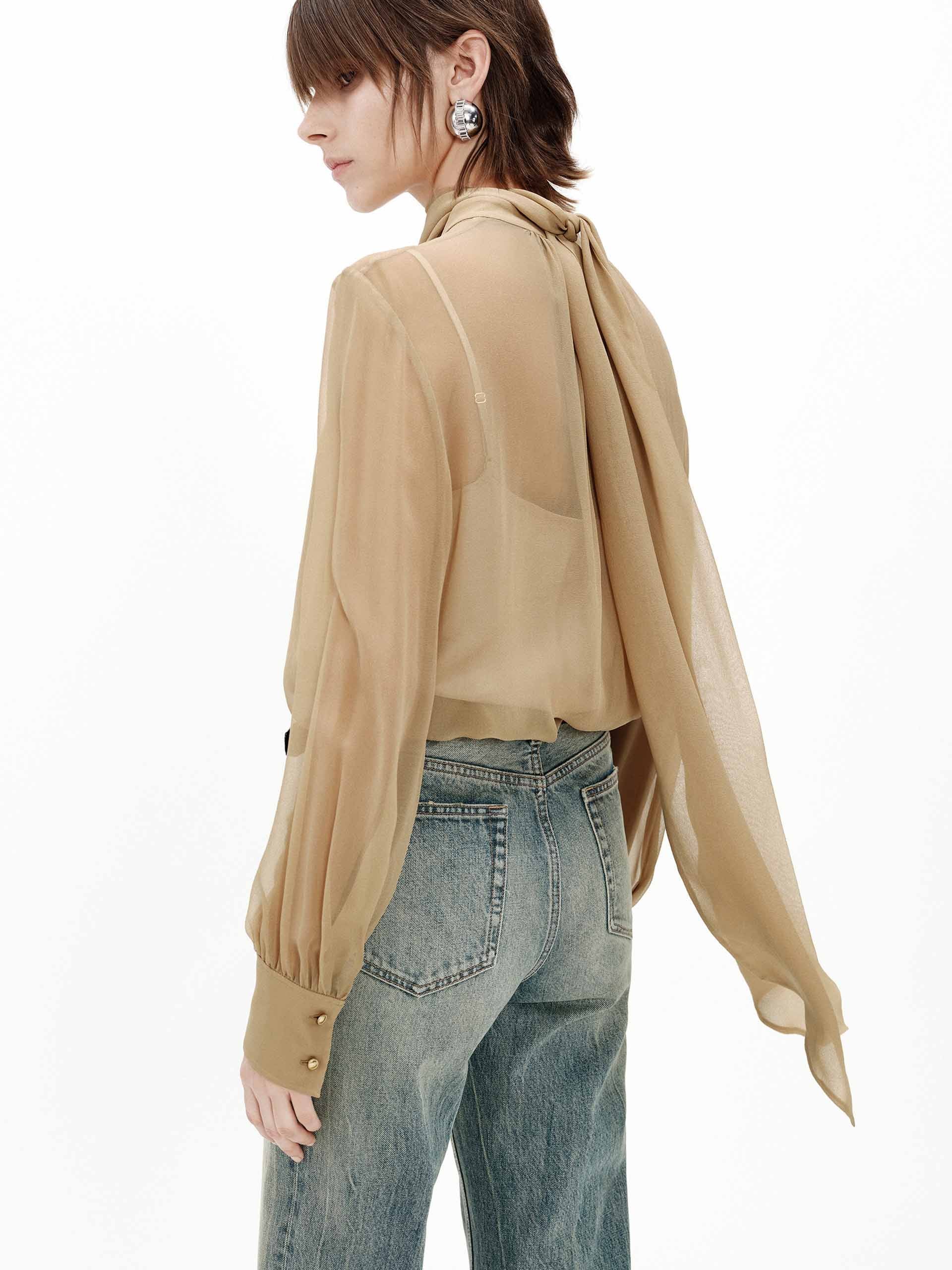 Silk Sheer Tie Blouse - Image 8