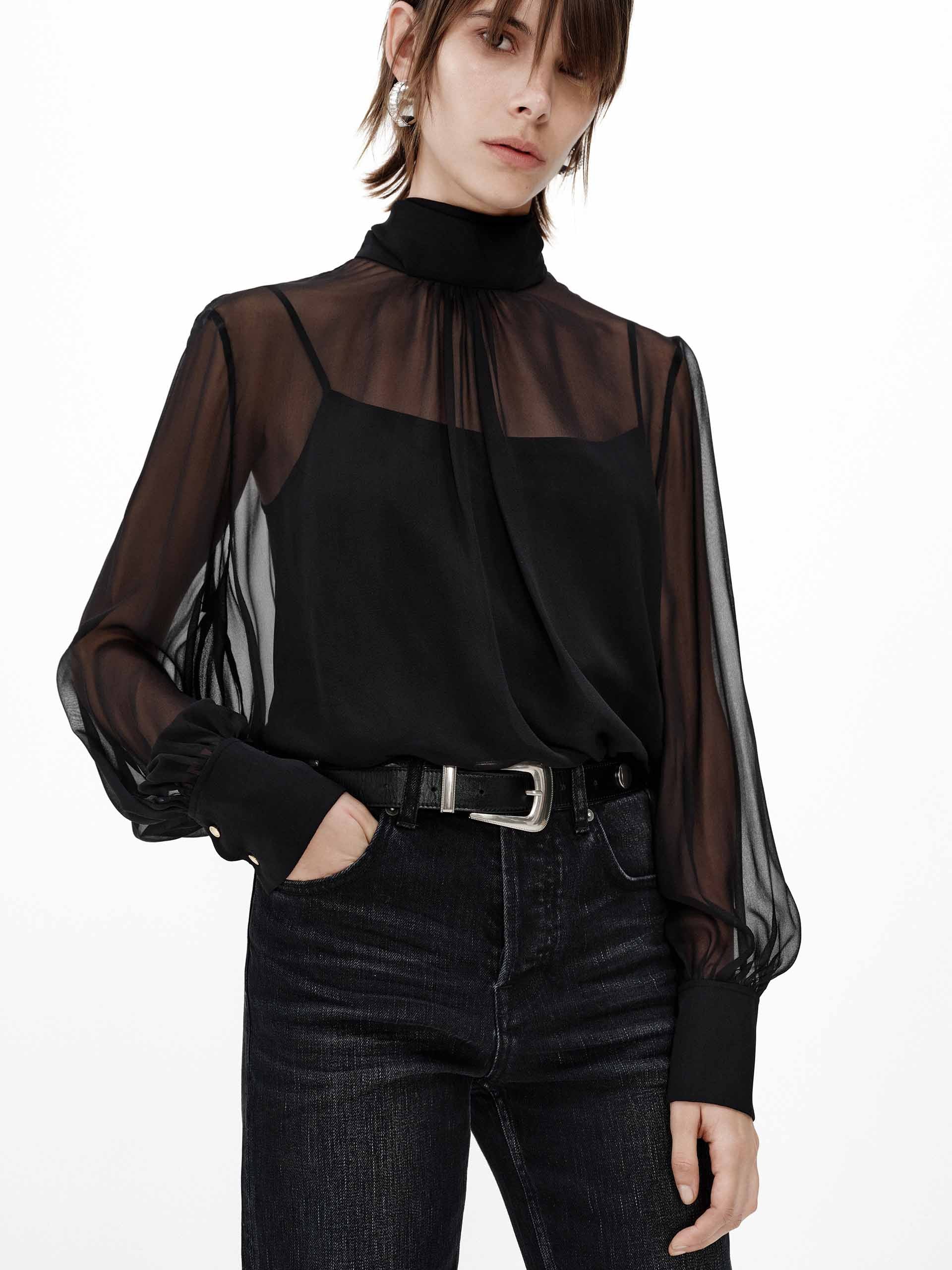 Silk Sheer Tie Blouse - Image 9