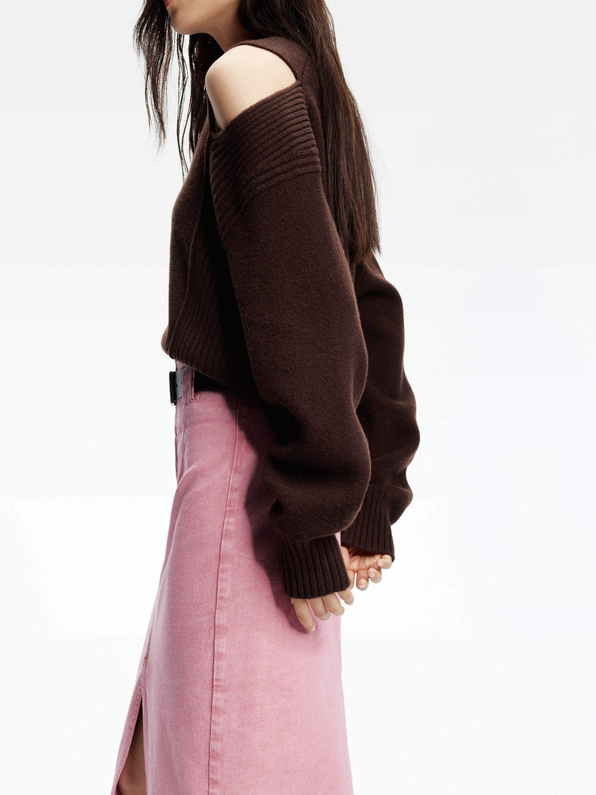 Slit Detail Denim Skirt with Belt - Image 7