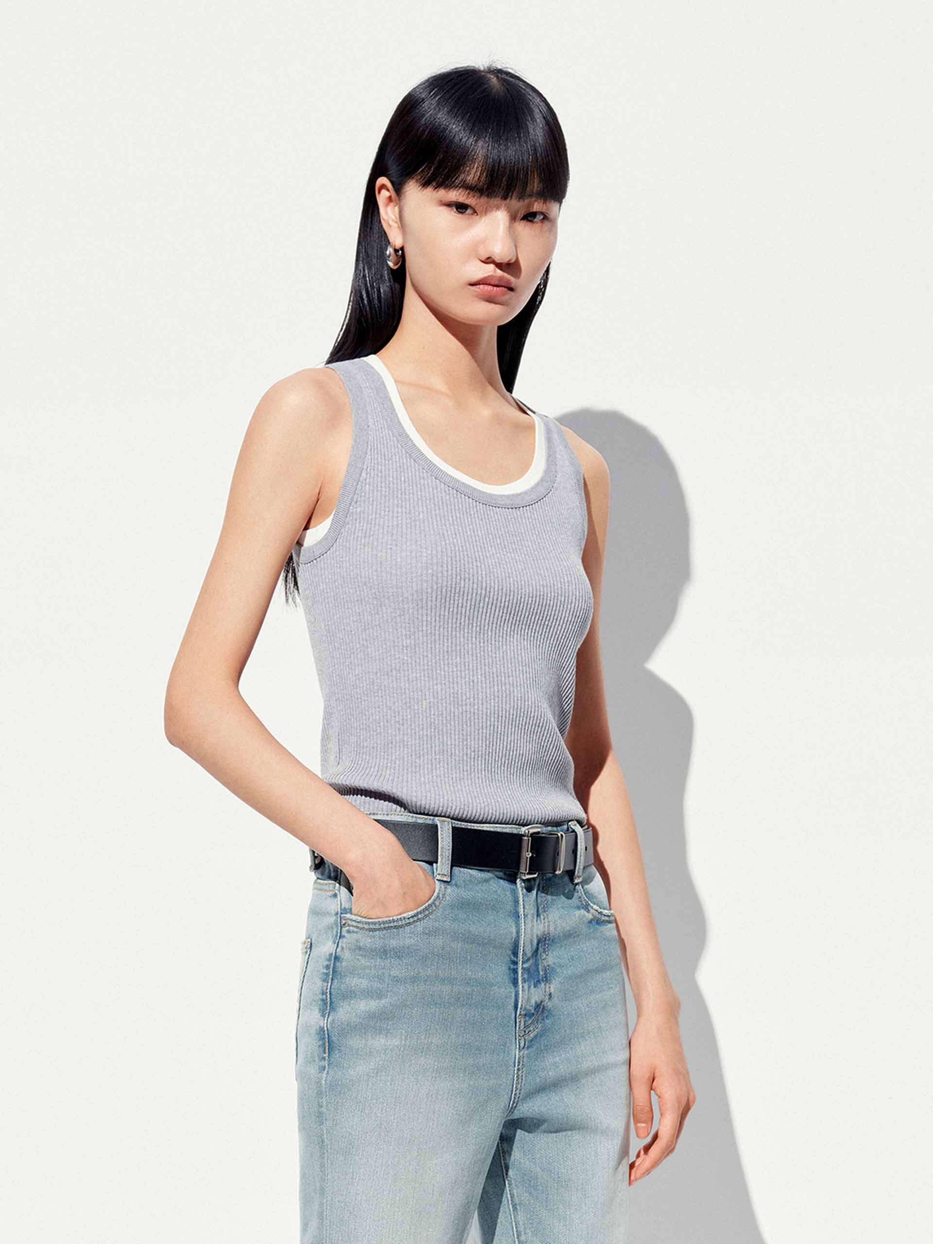 U-neck Cotton Blend Top - Image 21