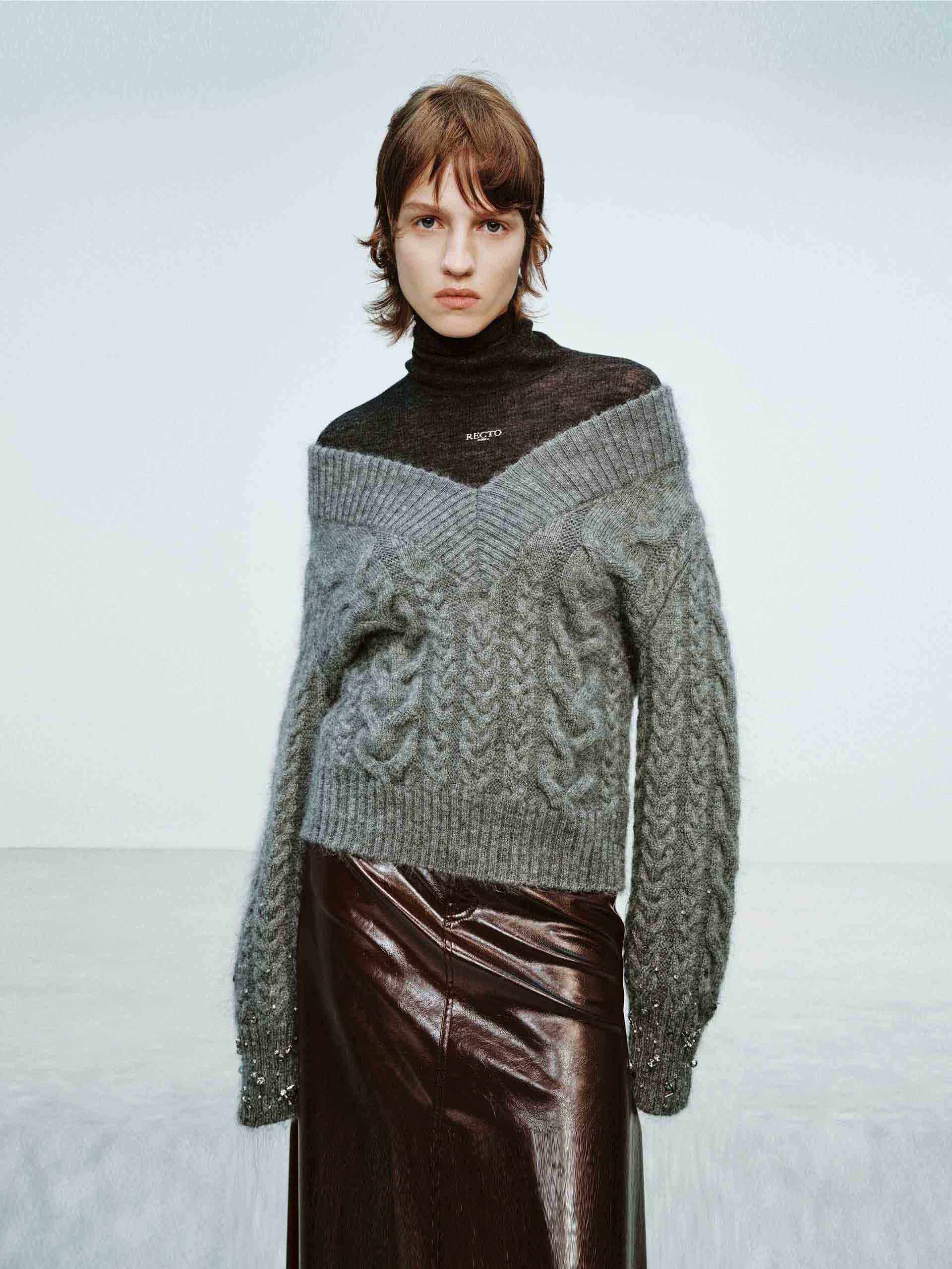 V-neck Cable Knit Sweater - Image 2