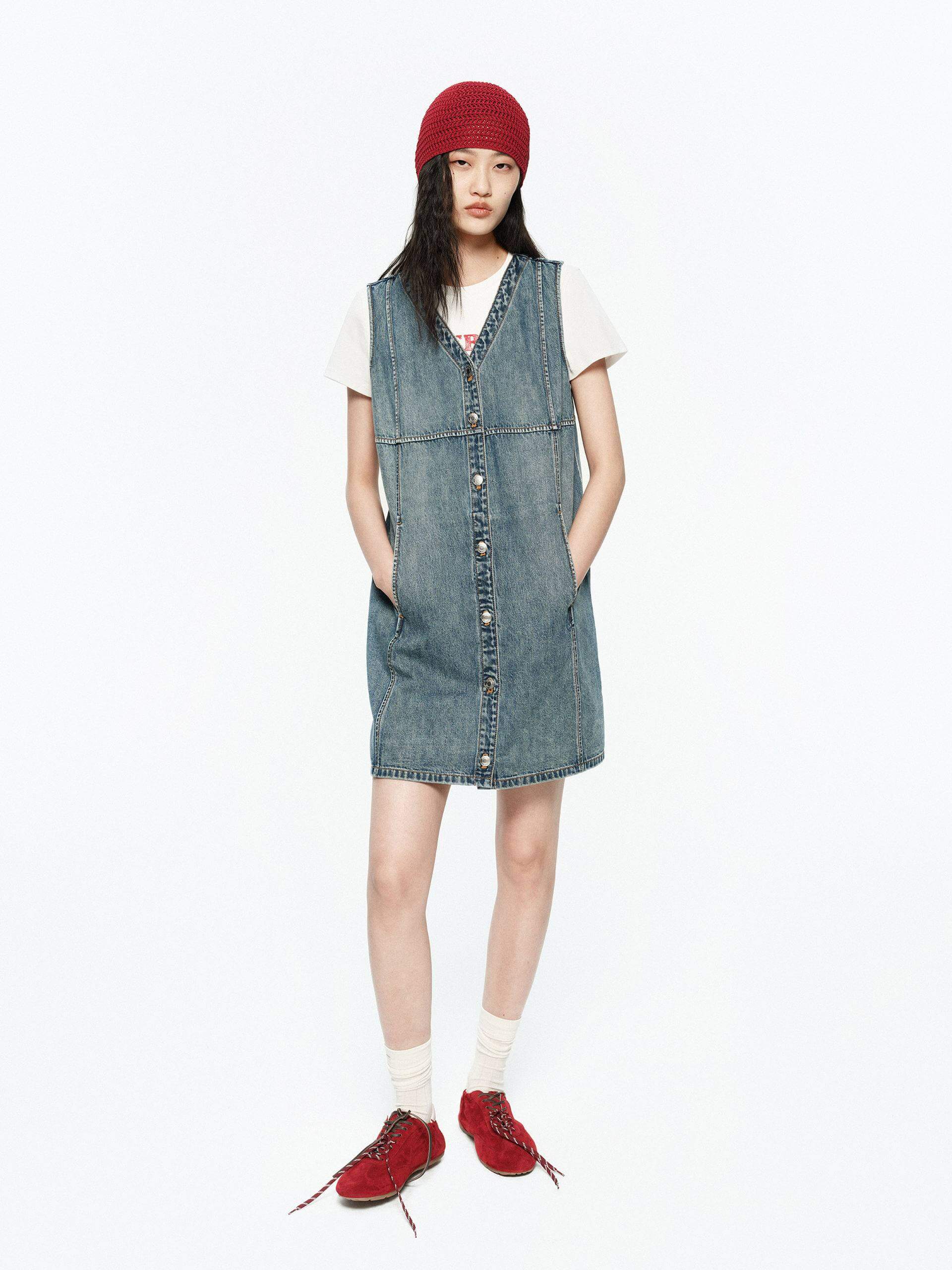 V-neck Denim Mini Dress - Image 2