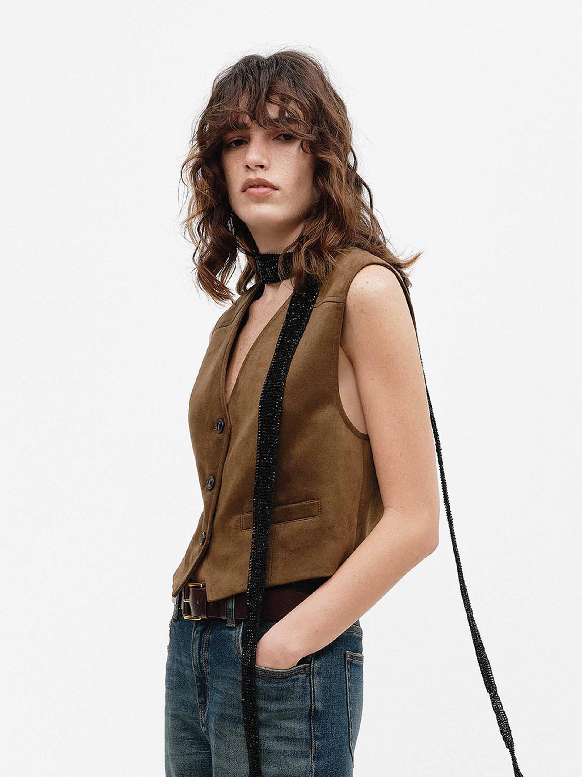 V-neck Suede Waistcoat - Image 3