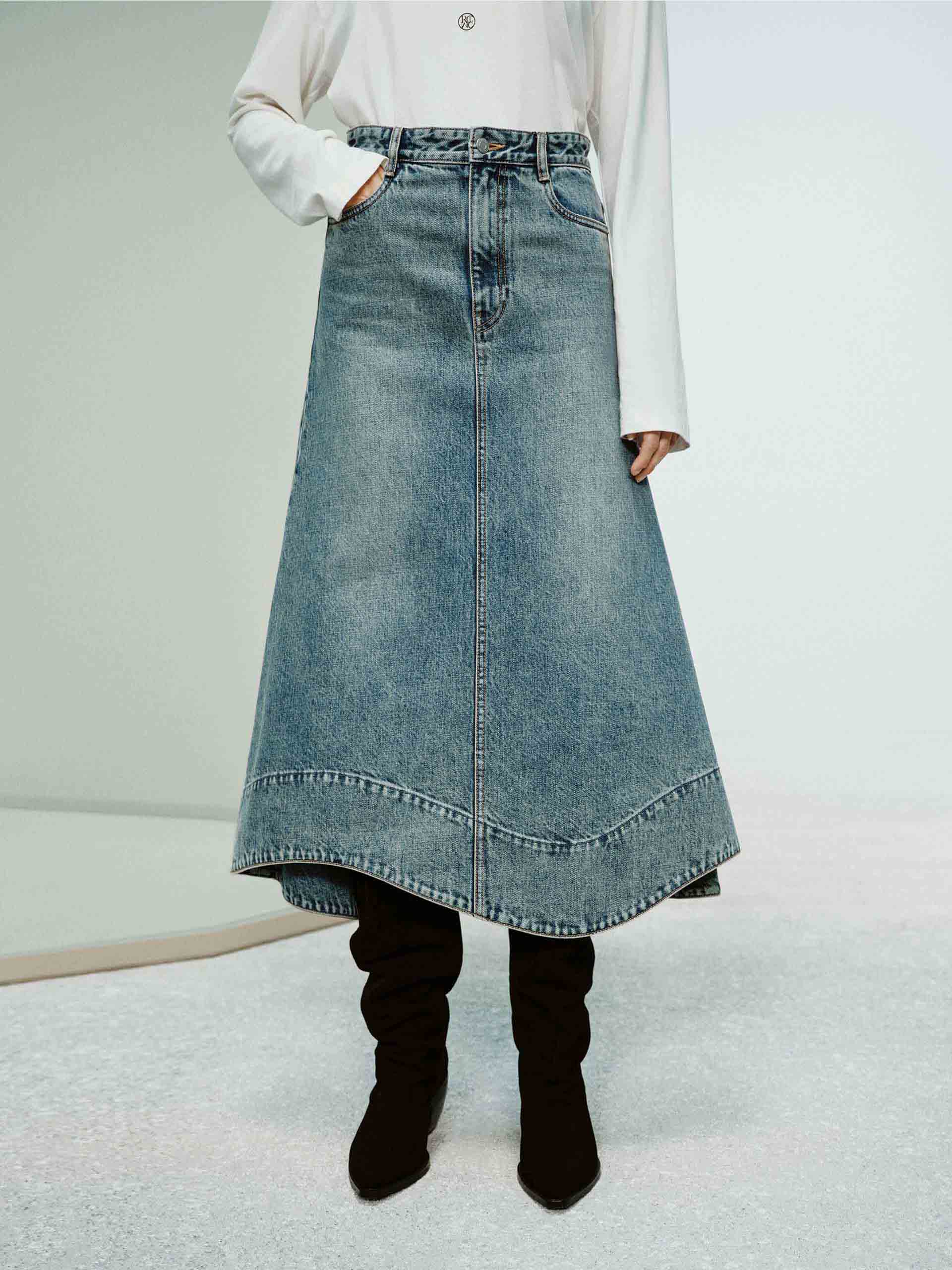 Wave Hem Denim Skirt