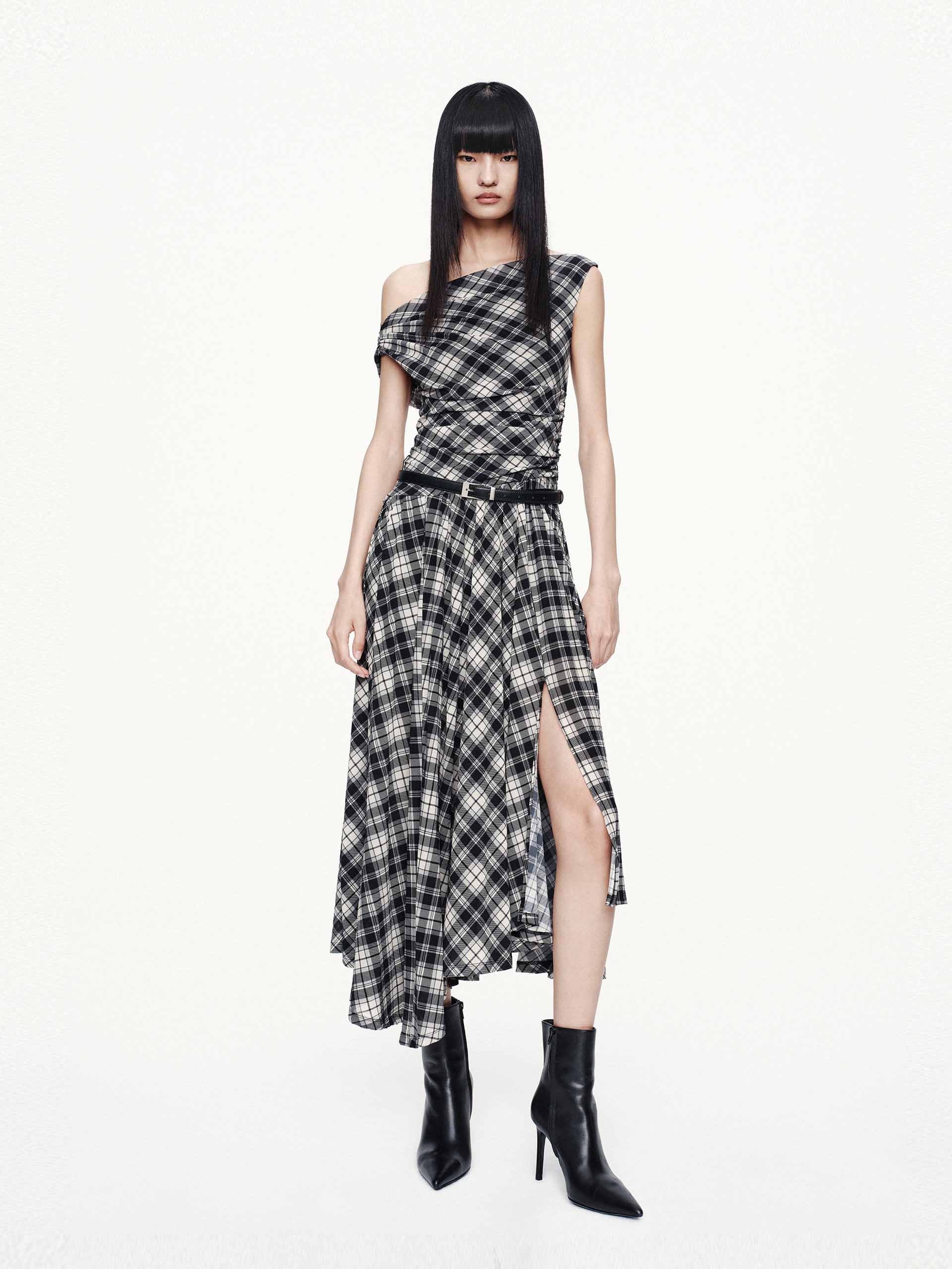 Included Belt Plaid Dress